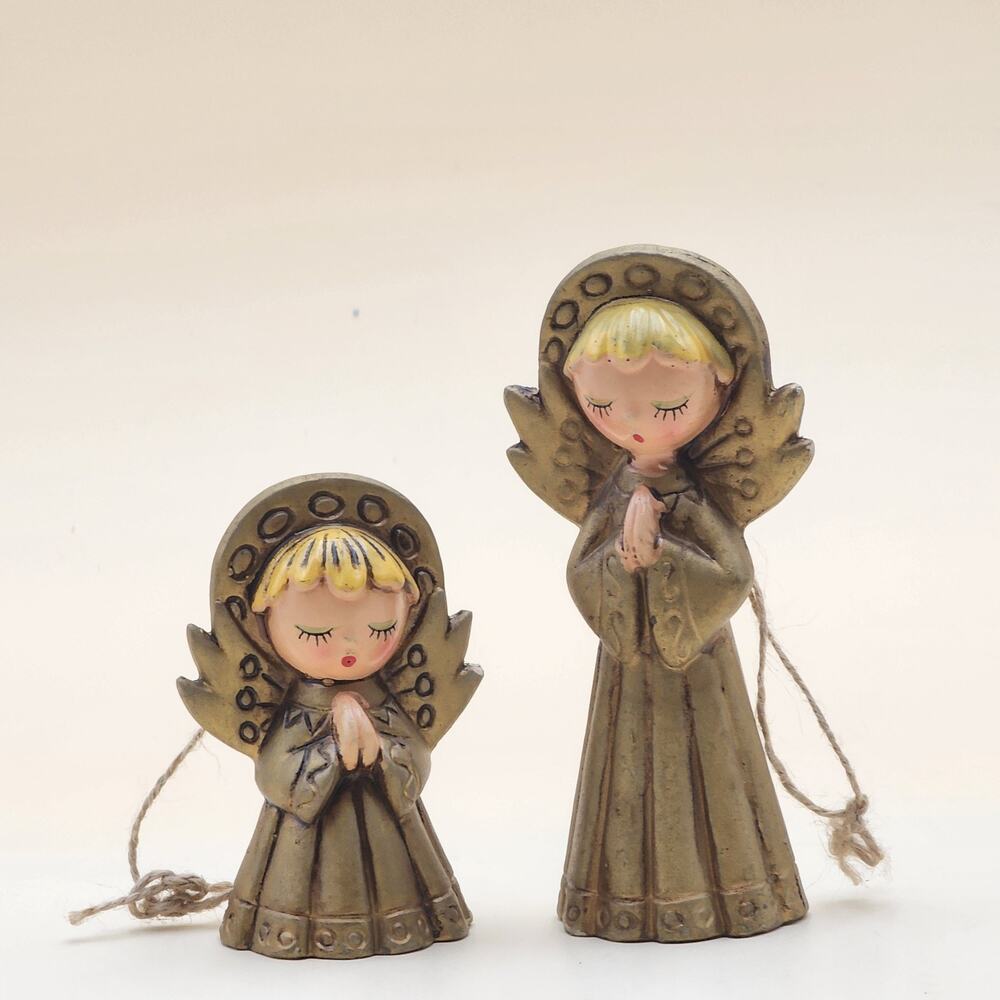 2 Vintage MCM Gold Paper Mache Praying Singing Angel Christmas Ornament Japan
